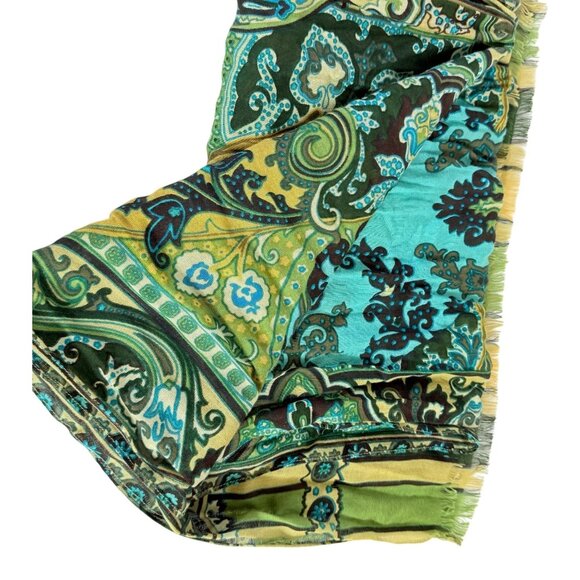 Chicos Peacock Paisley Print Scarf Oblong Eyelash Fringe Summer Spring Turquoise - Picture 7 of 14